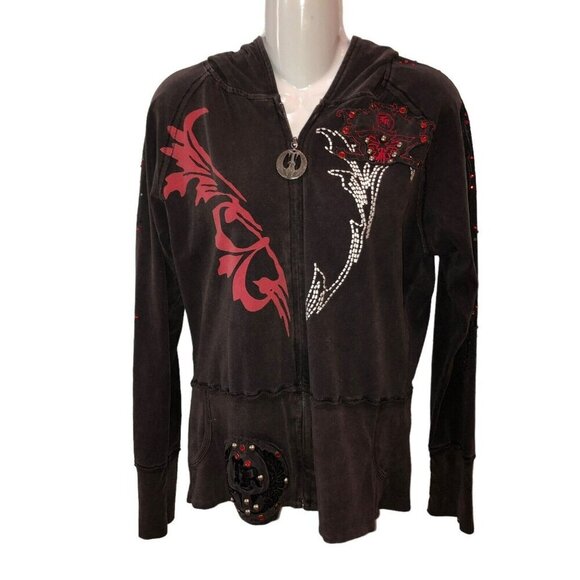 Treasure Rock Womens Size XL Black Rhinestones Full Zip Up Hoodie Jacket - Picture 2 of 12